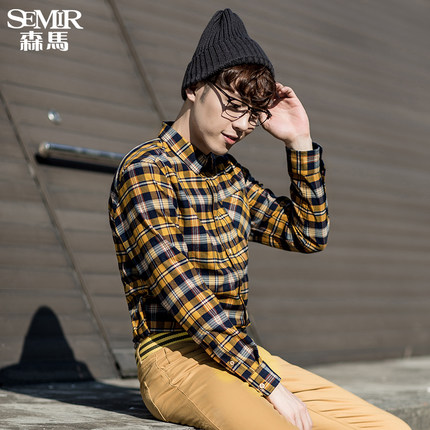 格子衬衫！森马 灯芯绒长袖衬衫 男士方领格子直筒衬衣