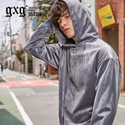 新品特惠！gxgjeans2017秋时尚潮流丝绒连帽卫衣外套