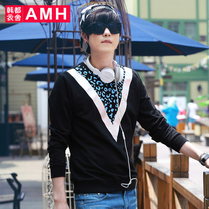 个性印花！AMH新款男士修身纯棉印花圆领长袖T恤QU4308