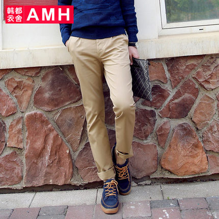 休闲百搭！AMH新款纯色修身微弹中腰休闲裤OD4624
