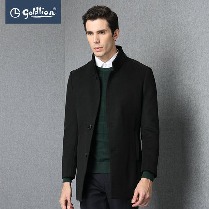 聚团购！金利来2015冬季男士羊毛针织立领商务轻便中长款毛呢大衣外套男