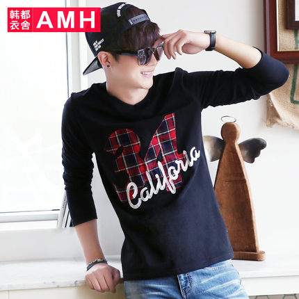 历史低价！AMH新款圆领修身套头贴布印花长袖T恤OE5247