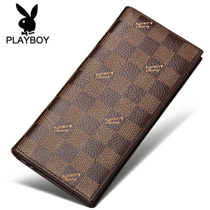 经典格纹！花花公子长款拉链真皮钱包PAB4971-3C