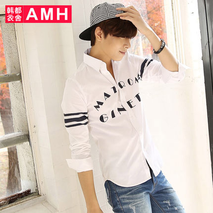 字母印花！AMH新款潮男修身印花长袖衬衫QZ3277