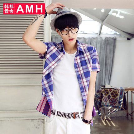 折上再折!AMH男士尖领修身百搭格子短袖