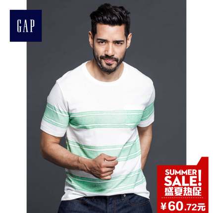 简单舒适！Gap纯棉复古仿旧条纹单袋短袖T恤200654