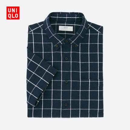 小码福利！优衣库男装麻棉格子泡泡纱衬衫(短袖)