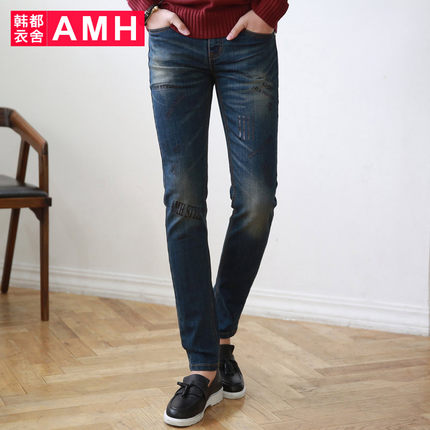 修身时尚！AMH修身微弹直脚印花男款牛仔长裤QA4287