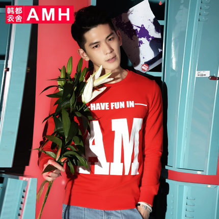保暖舒适！AMH修身圆领红色字母印花卫衣外套NR5062