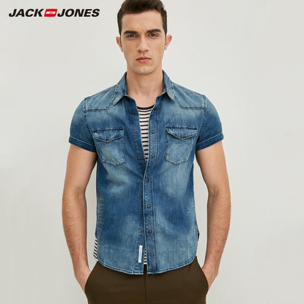商场同款！杰克琼斯潮流修身尖领男装秋牛仔短袖衬衫