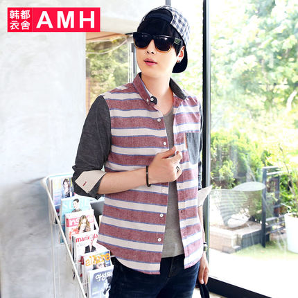美式风格！AMH新款修身男士格纹拼接长袖衬衫NZ3874