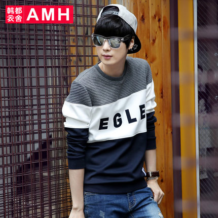返场价！AMH太空棉修身拼接套头男士印花T恤NQ6253