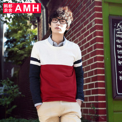 修身版型！AMH时尚修身拼色圆领长袖针织衫NS3066
