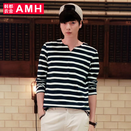 简约休闲！AMH修身条纹面料长袖T恤NX5157