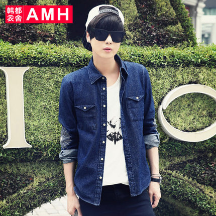 大气版型！AMH方领刺绣男士牛仔长袖衬衫QU4477