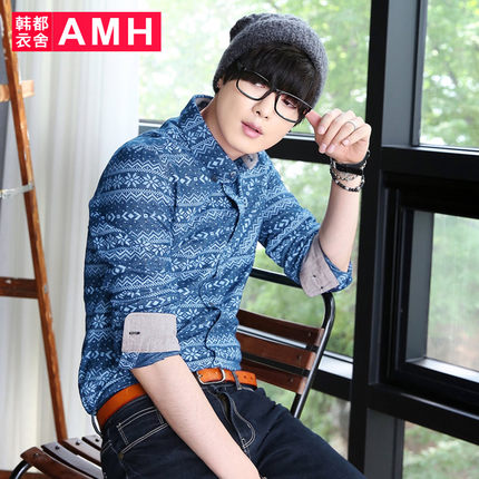 街头风！AMH新款扣领尖领修身印花长袖衬衫OE5274