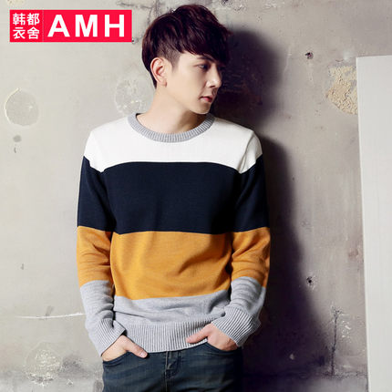 简约百搭！AMH修身圆领条纹拼色套头针织衫PA3261
