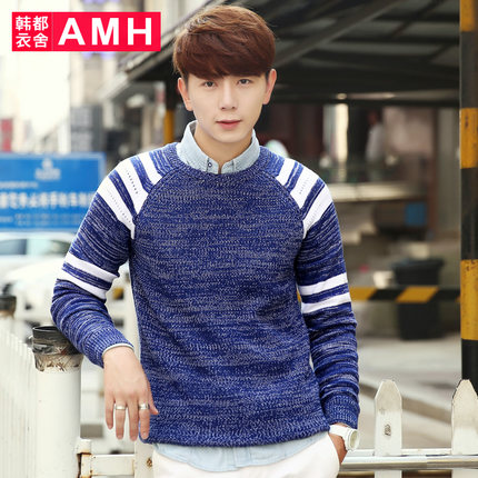 舒适百搭！AMH圆领个性拼接修身套头毛衣QO4121
