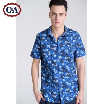 时尚复古！C＆A男式植物印花短袖衬衫CA200175465