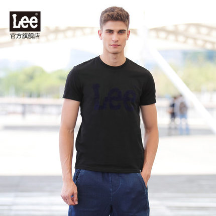 优质棉质！Lee男装 2017秋冬新品圆领LOGO印花简约短袖T恤黑