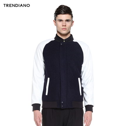 白菜价！TRENDIANO立领拼接撞色毛呢外套3143344590