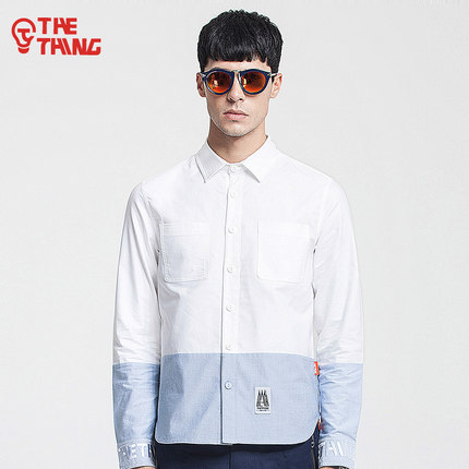 限时特惠！THETHING 男装拼接印花男式长袖衬衫