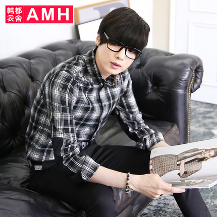 经典格纹！AMH男士尖领拼接格子长袖衬衫OE5293