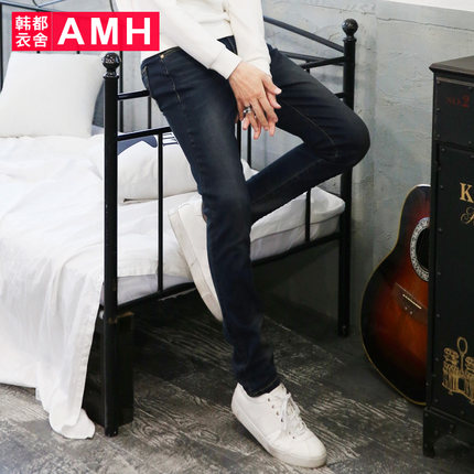 修身版型！AMH新款中腰修身小脚磨白男士牛仔裤QU4498