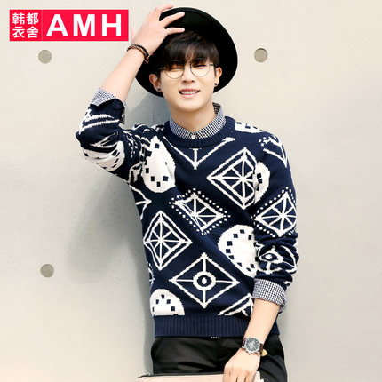 简约设计！AMH时尚圆领复古图案修身男毛衣PF4848