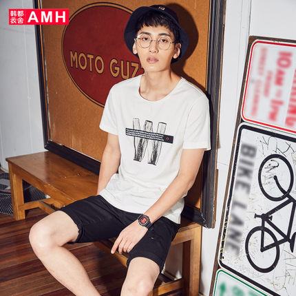 AMH青年织带印花套头短袖T恤OQO8023