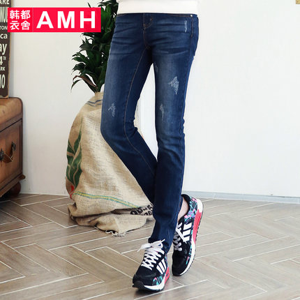 修身版型！AMH新款磨破修身潮流牛仔裤QO5072