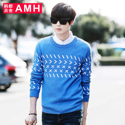 修身圆领！AMH印花套头毛衣男针织衫GR4048