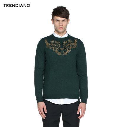 新低价！TRENDIANO 刺绣圆领套头长袖针织毛衣3144033980