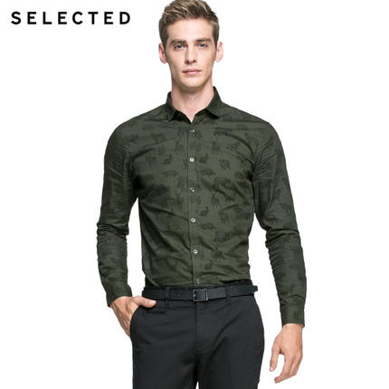 修身版型！SELECTED思莱德纯棉植绒图案男士修身衬衫C|415405073