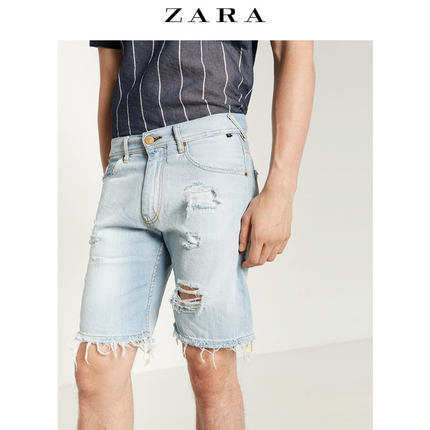 休闲百搭！ZARA男装剪洞牛仔短裤05575447406