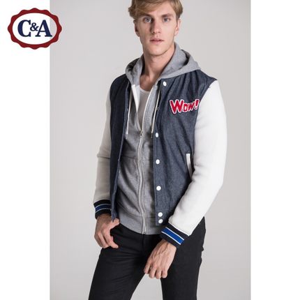 简约好价！C＆A 男式牛仔拼接棒球夹克CA200158802