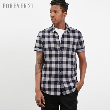 经典百搭！Forever21男士卷边格纹全棉短袖衬衫