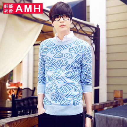 白菜价！AMH新款修身立体字母圆领男士长袖毛衣NZ3654