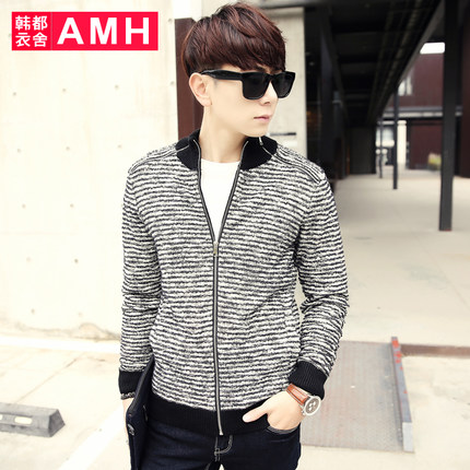 时尚条纹！AMH新款修身条纹长袖针织男士夹克外套NS5036