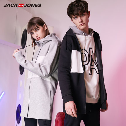 时尚大气！JackJones杰克琼斯情侣新款长款潮流拼接连帽卫衣