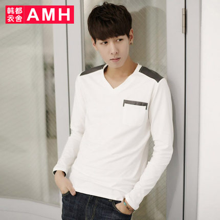 白菜价！AMH新款男士V领修身时尚拼接长袖T恤OJ2368