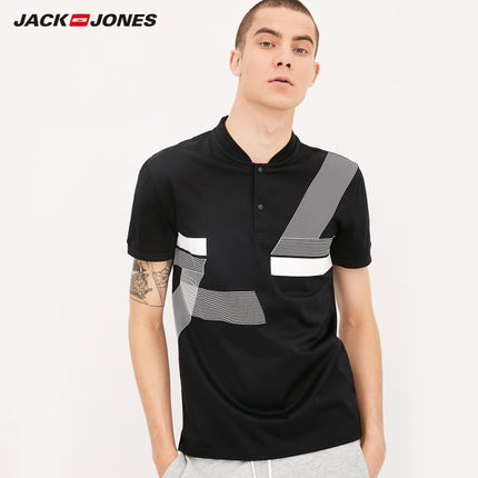 商场同款！杰克琼斯男装夏纯棉修身胶印亨利领短袖T恤