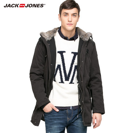 五折好价！JackJones 男款全兔毛连帽中长款棉服 C215409004