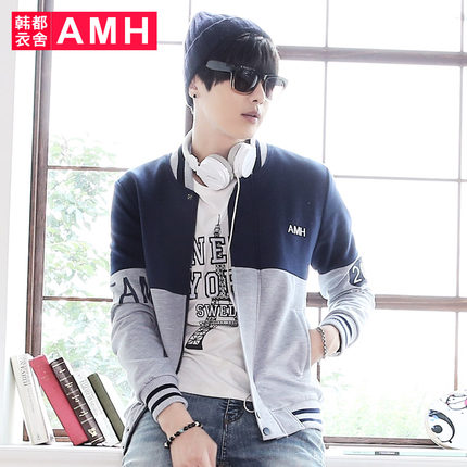 个性拼接！AMH男子新款修身拼接字母印花长袖夹克外套NR4808