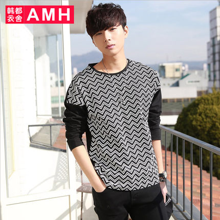 黑白配!AMH潮男圆领落肩印花长袖T恤