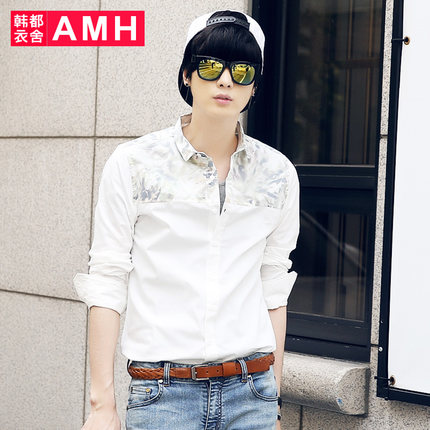 全网好价！AMH新款修身时尚拼接青年男士长袖衬衫QU4718