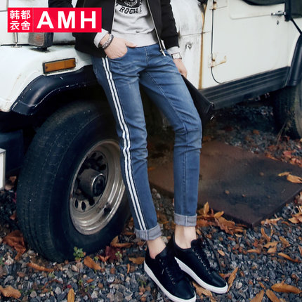 休闲百搭！AMH新款松紧腰织带水洗男小脚牛仔裤NQ5711
