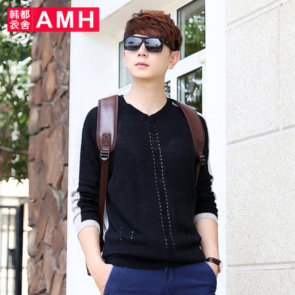 修身版型！AMH拼色V领套头长袖针织衫PM3240