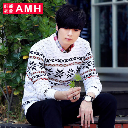 时尚单品！AMH新款几何图案加厚套头针织衫NX4861