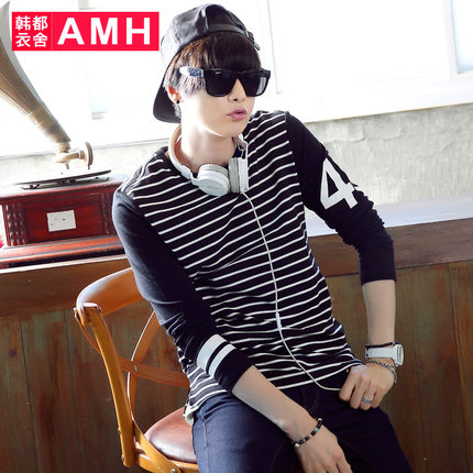 历史好价！AMH新款修身圆领条纹长袖T恤PA4191